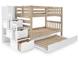 Nordic Pine twin-over-twin bunk bed with white twin trundle showing the three-step white stairway
