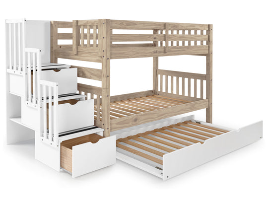 Nordic Pine twin-over-twin bunk bed with white twin trundle showing the three-step white stairway
