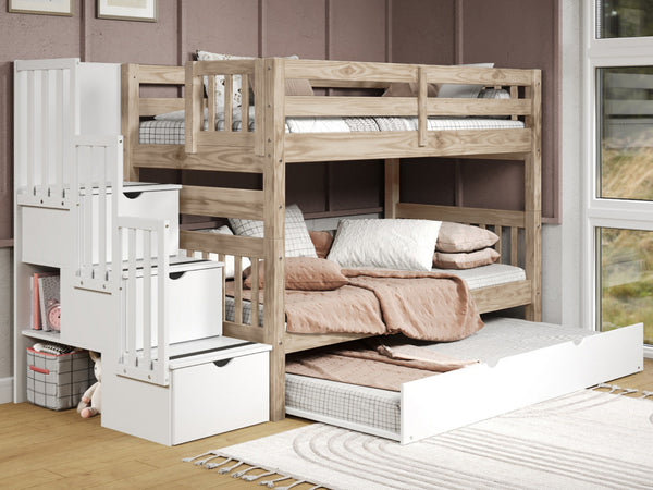 Bedz King Nordic Pine twin-over-twin stairway bunk bed with white stairs and white twin trundle in a bedroom