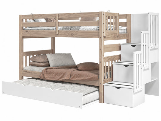 Nordic Pine twin-over-twin bunk bed showing white stairway placement on the left or right