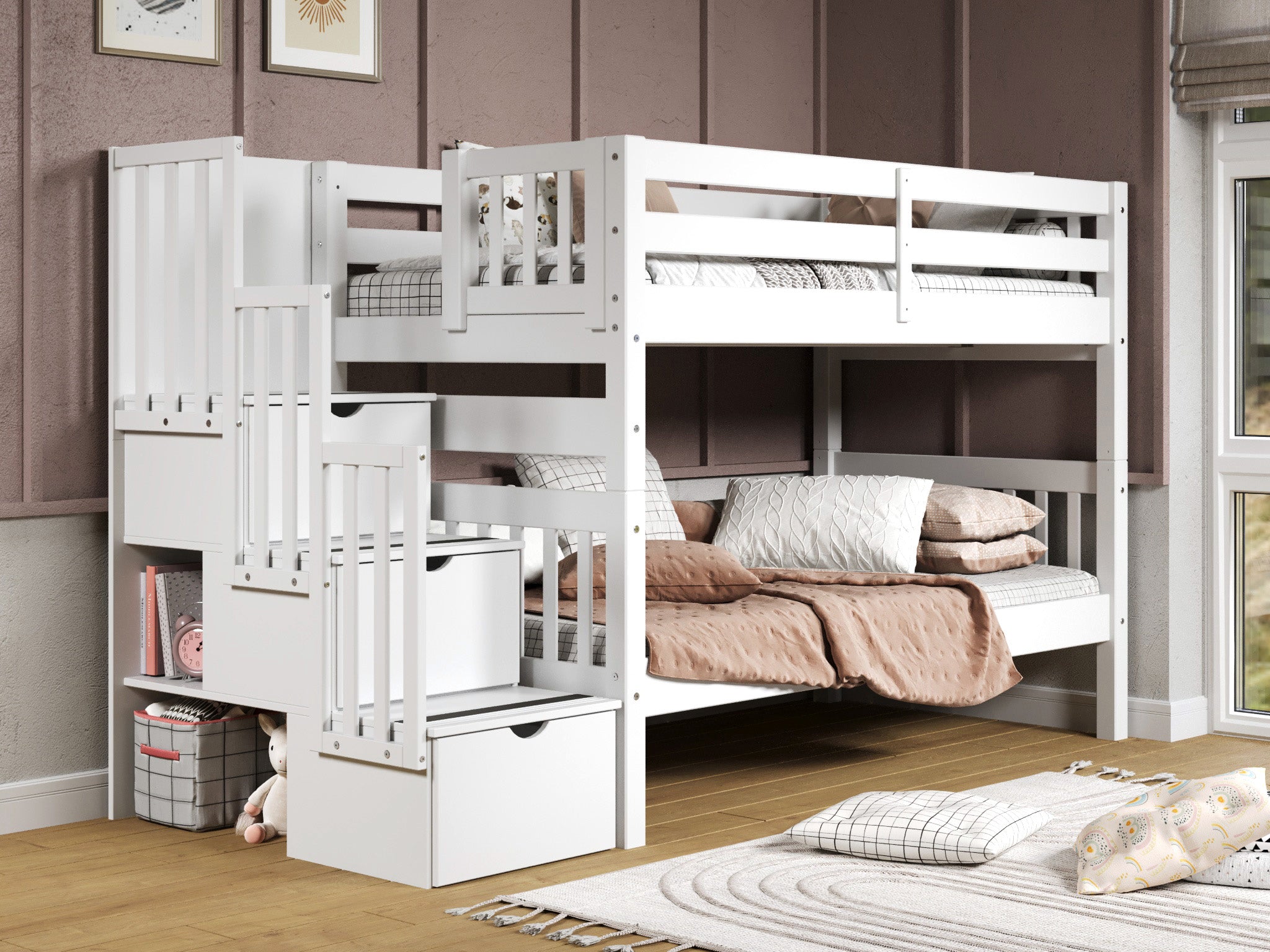 Bunk Beds Twin over Twin Stairway + 2 Drawers, White