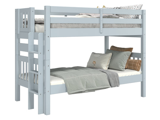 Breezy Blue twin-over-twin bunk bed showing ladder placement at either end