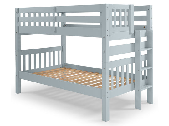 Breezy Blue twin-over-twin bunk bed showing front and back ladder placement options
