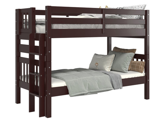 Dark Cherry twin-over-twin bunk bed showing ladder placement at either end