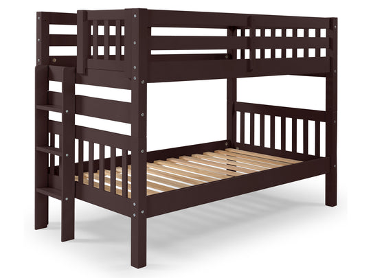 Dark Cherry twin-over-twin bunk bed showing the three-step end ladder