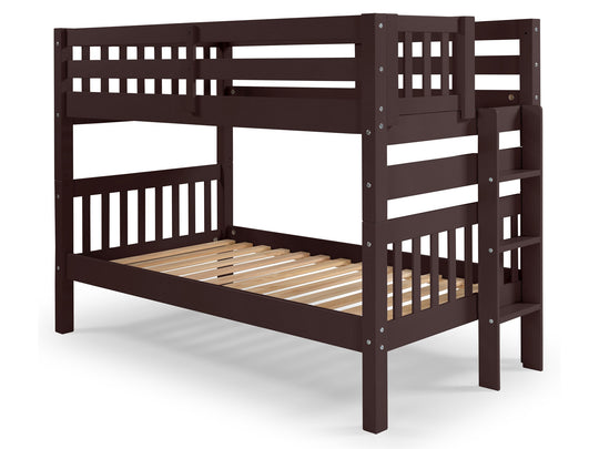 Dark Cherry twin-over-twin bunk bed showing front and back ladder placement options
