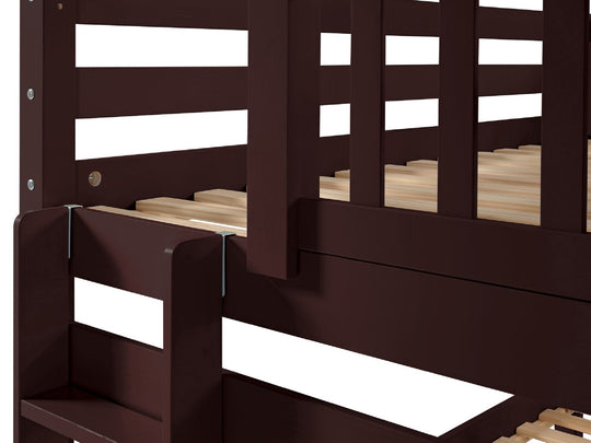 Three-step end ladder and upper-bunk entry on a dark cherry twin-over-twin bunk bed