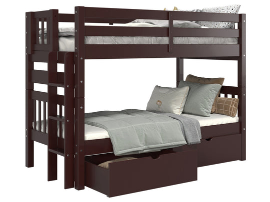 Dark Cherry twin-over-twin bunk bed showing ladder placement at either end