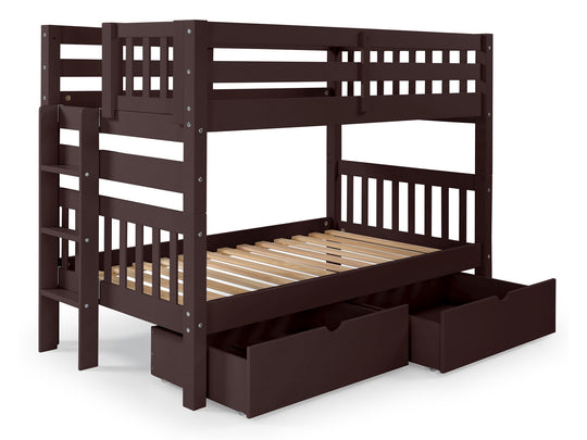 Dark Cherry twin-over-twin bunk bed with two drawers showing the three-step end ladder