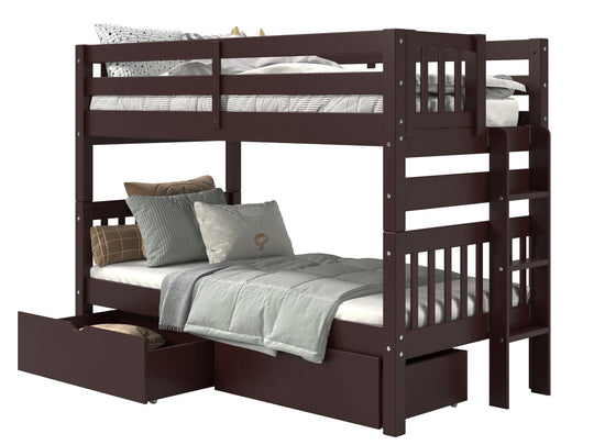 Dark Cherry twin-over-twin end-ladder bunk bed with two under-bed storage drawers