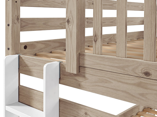 Three-step white end ladder and upper-bunk entry on a Nordic Pine twin-over-twin bunk bed