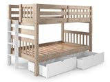 Nordic Pine twin-over-twin bunk bed with two white drawers showing the three-step white end ladder