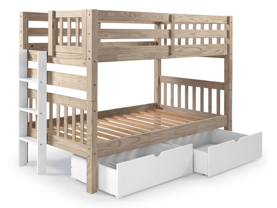Nordic Pine twin-over-twin bunk bed with two white drawers showing the three-step white end ladder