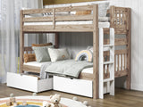 Bedz King Nordic Pine twin-over-twin end-ladder bunk bed with white ladder and two white under-bed storage drawers in a bedroom