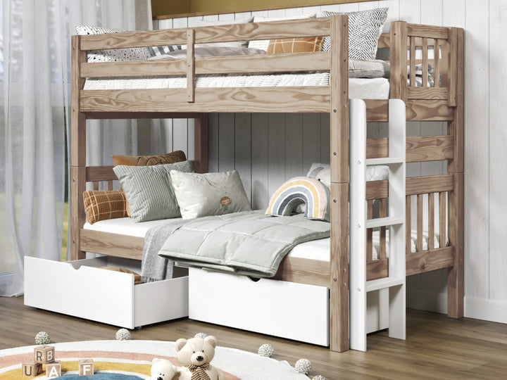 Bedz King Nordic Pine twin-over-twin end-ladder bunk bed with white ladder and two white under-bed storage drawers in a bedroom bunk beds