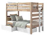 Nordic Pine twin-over-twin end-ladder bunk bed with white ladder and two white under-bed storage drawers