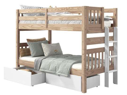 Nordic Pine twin-over-twin end-ladder bunk bed with white ladder and two white under-bed storage drawers