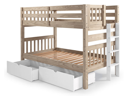 Nordic Pine twin-over-twin bunk bed showing front and back white ladder placement options