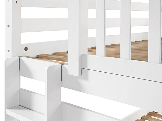 Three-step end ladder and upper-bunk entry on a white twin-over-twin bunk bed