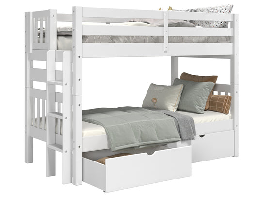 White twin-over-twin bunk bed showing ladder placement at either end