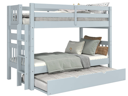 Breezy Blue twin-over-twin bunk bed showing ladder placement at either end