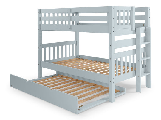 Breezy Blue twin-over-twin bunk bed showing front and back ladder placement options