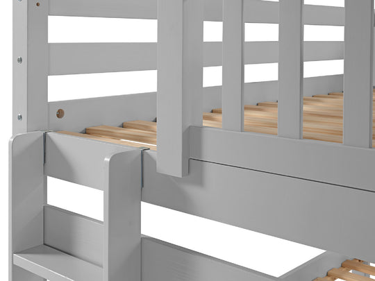 Three-step end ladder and upper-bunk entry on a gray twin-over-twin bunk bed
