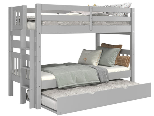 Gray twin-over-twin bunk bed showing ladder placement at either end