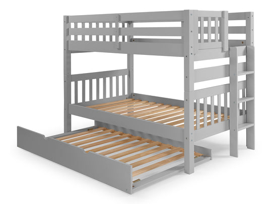 Gray twin-over-twin bunk bed showing front and back ladder placement options