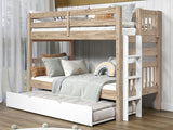 Bedz King Nordic Pine twin-over-twin end-ladder bunk bed with white ladder and white twin trundle in a bedroom