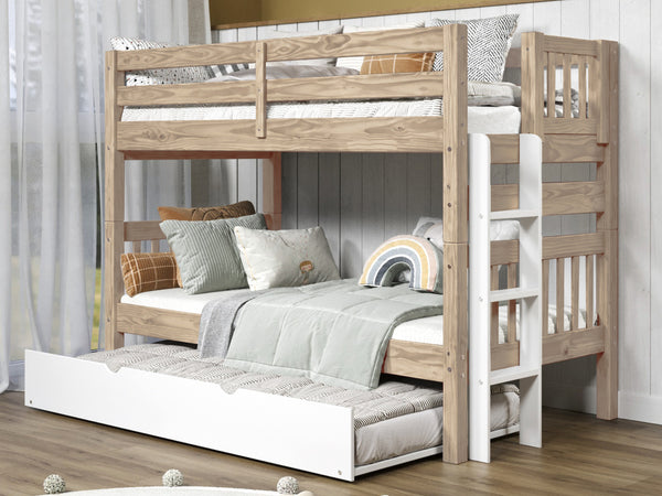 Bedz King Nordic Pine twin-over-twin end-ladder bunk bed with white ladder and white twin trundle in a bedroom