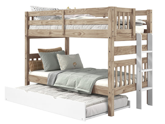 Nordic Pine twin-over-twin end-ladder bunk bed with white ladder and white twin trundle
