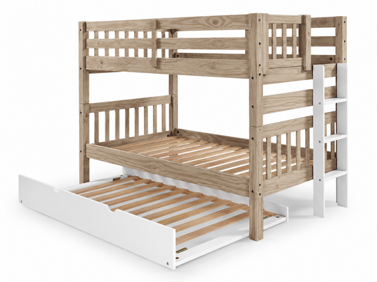Nordic Pine twin-over-twin bunk bed showing front and back white ladder placement options