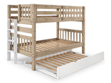 Nordic Pine twin-over-twin bunk bed with white twin trundle showing the three-step white end ladder