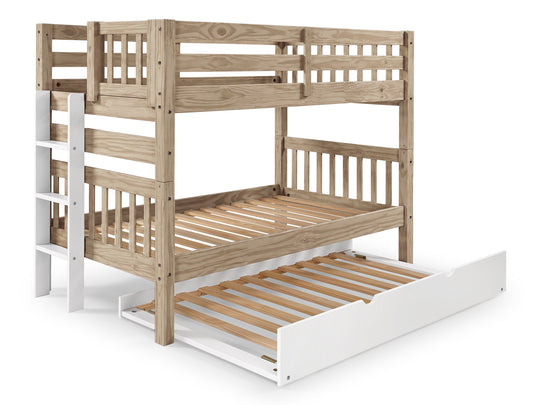 Nordic Pine twin-over-twin bunk bed with white twin trundle showing the three-step white end ladder