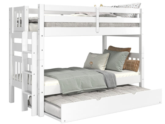 White twin-over-twin bunk bed showing ladder placement at either end