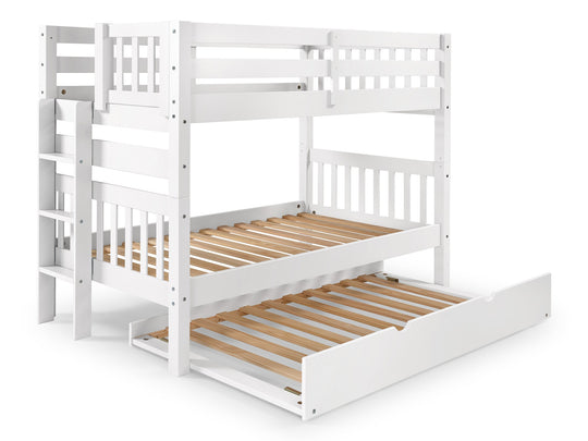 White twin-over-twin bunk bed with twin trundle showing the three-step end ladder