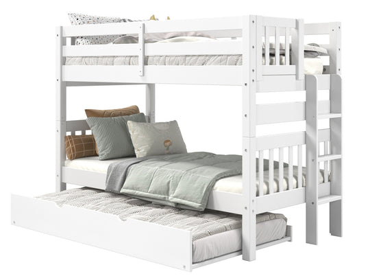 White twin-over-twin end-ladder bunk bed with twin trundle