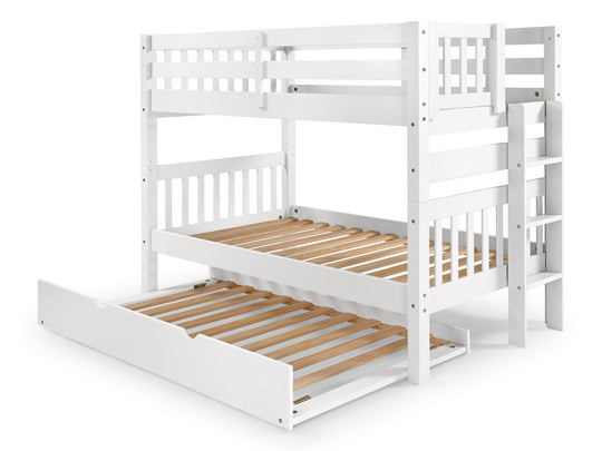 White twin-over-twin bunk bed showing front and back ladder placement options