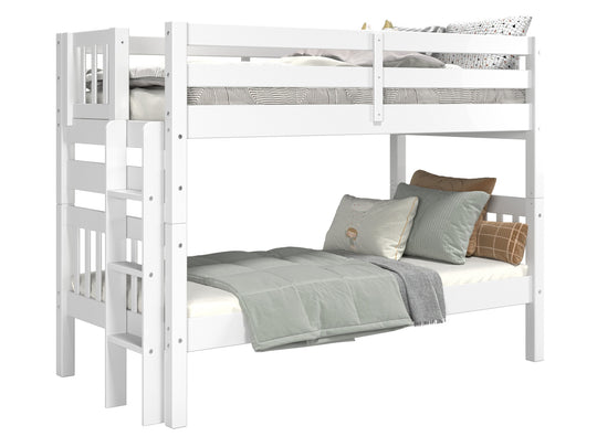 White twin-over-twin bunk bed showing ladder placement at either end