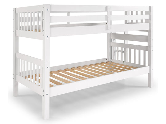 White twin-over-twin bunk bed showing the three-step end ladder