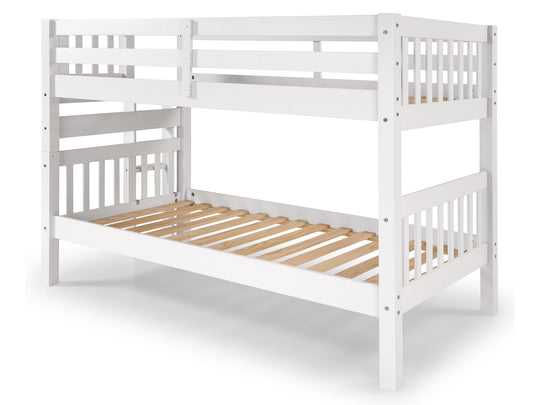 White twin-over-twin bunk bed showing front and back ladder placement options