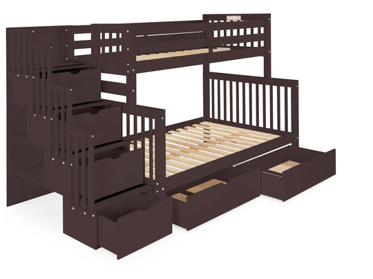 Dark Cherry twin-over-full bunk bed with two under-bed storage drawers showing the four-step stairway