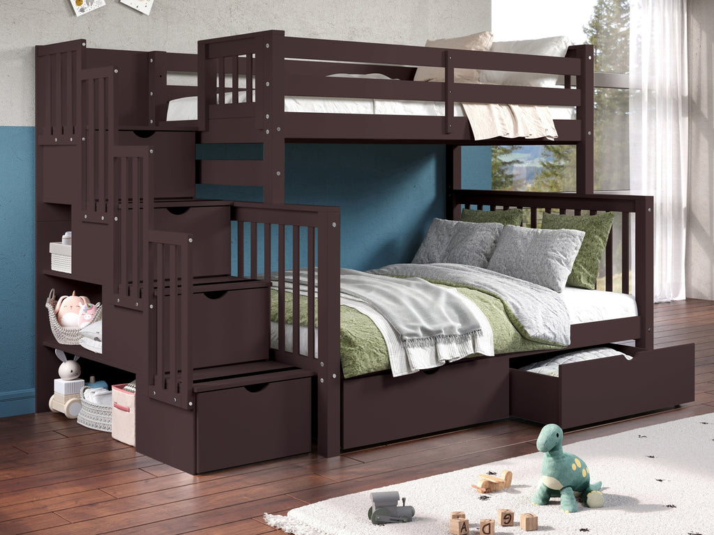 Bunk Beds Twin over Full Stairway, 2 Drawers, Dark Cherry