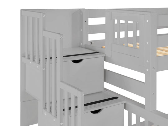 Four-step stairway and upper-bunk entry on a gray twin-over-full bunk bed