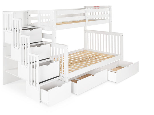 Twin over Full Bunk Bed White with 4 Step Stairway and 2 Drawers