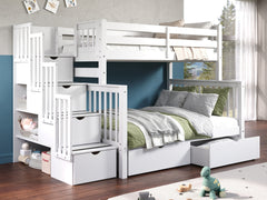 This Twin over Full Stairway Bunk Bed in White with 2 Under Bed Drawers will look great in your child's bedroom