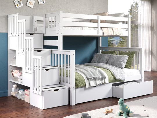 This Twin over Full Stairway Bunk Bed in White with 2 Under Bed Drawers will look great in your child's bedroom
