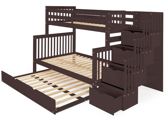 Dark Cherry twin-over-full bunk bed with full trundle showing the four-step stairway
