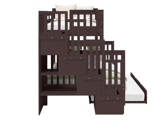 Four built-in storage drawers in the stairway of a dark cherry BK961 bunk bed